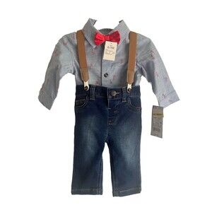 Cat & Jack Christmas Cane Long Sleeve Shirt, Jeans & Suspenders Pant Set 0-3M